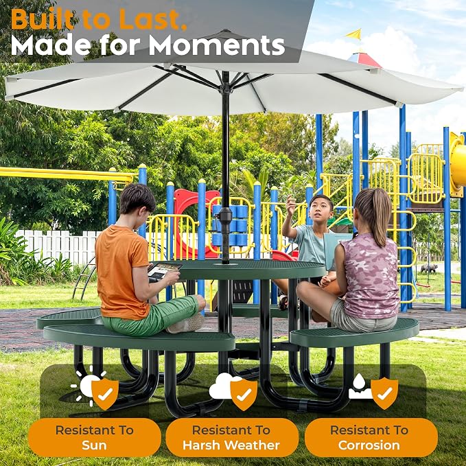 Round Metal Picnic Tables for Kids for Outdoors with Umbrella Hole, Adjustable Seats for School, Park, Playground (Green, 38 in, Kids, Expanded Steel)
