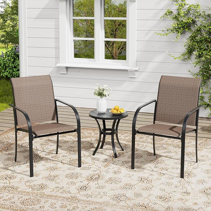 VICLLAX Outdoor Set for 2, Small Patio Table and Chairs Set of Stackable Patio Sling Chairs and Round Dining Table for Front Porch, Brown Fabric and Black Table