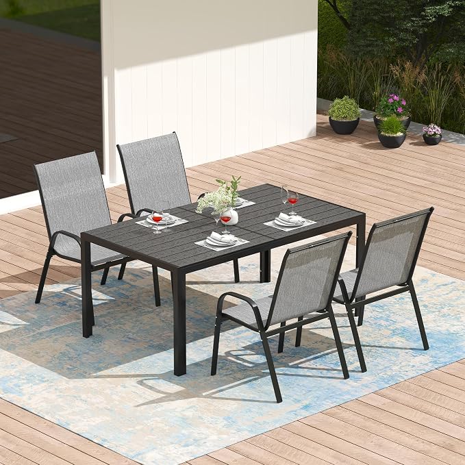 PIZZELLO 5-Piece Outdoor Patio Dining Set, 4Pcs Stackable Patio Chairs and Rectangular Dining Table, All Weather Outdoor Table and Chairs Set for Backyard, Garden, Deck and Poolside