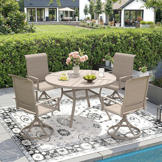 DIFY 5 Pieces Outdoor Patio Dining Set, 4 Sandshell Padded Textilene Swivel Dining Chairs and 40.6" Sandshell Round Metal Dining Table, Outdoor Table and Chairs for Poolside Backyard Deck