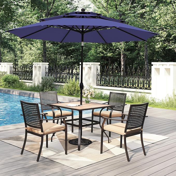 PHI VILLA Outdoor Table Chairs Set w/Umbrella, 5pc Patio Metal Furniture | 37" wrought iron square table w/ polywood top & stackable chairs for 4. 10ft blue umbrella. Dining set for deck, porch
