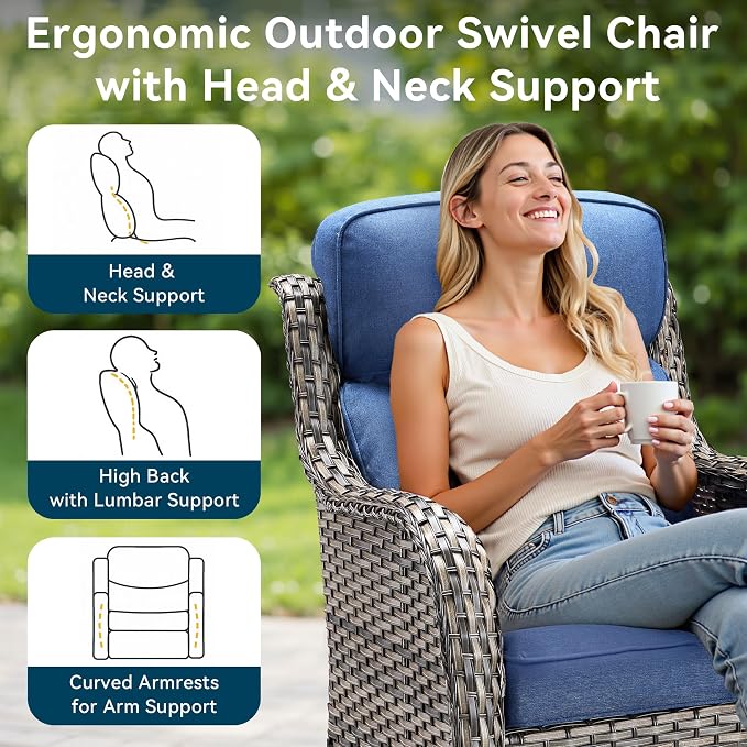 Luxury High Back Outdoor Furniture with 6-Inch Thick Cushions, Patio Furniture Set with Swivel Chairs, 8 PCS Wicker Conversation Set for Porch, Balcony, Deck and Yard