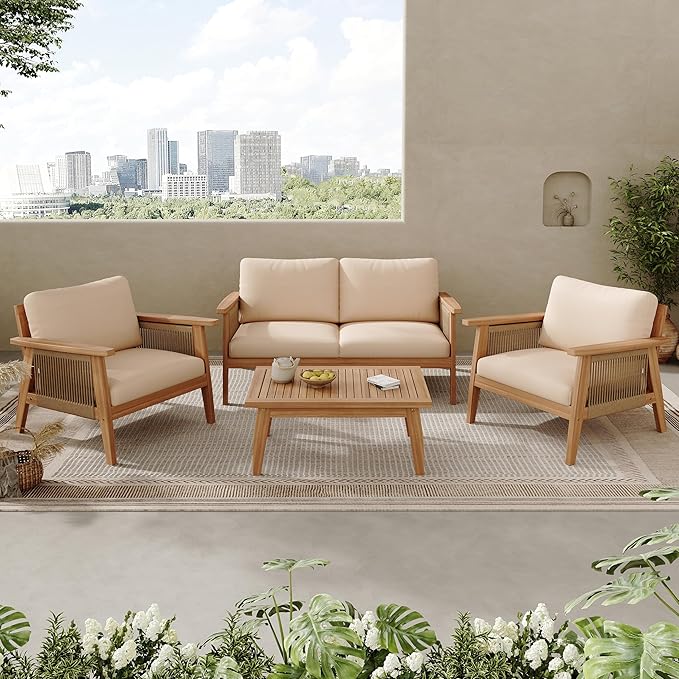 VilroCaz Outdoor 4-Piece Acacia Wood and Rope Sectional Patio Sofa Set, All-Weather Conversation Set with Coffee Table and Water-Repellent Cushions for Garden Backyard Balcony