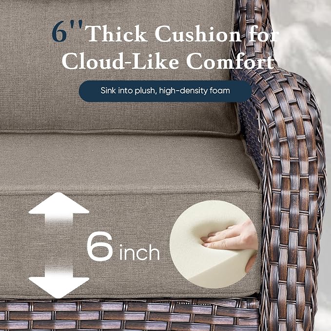 Belord Luxury 6" Thick Cushioned 8 Pieces Patio Furniture Set with Outdoor Couch, Wicker Outdoor Conversation Set with High Back Swivel Rocker Chairs for Deck Porch Yard and Poolside - Brown+Grey