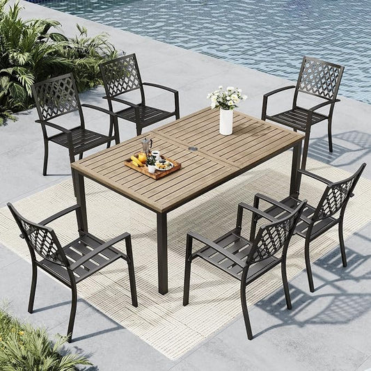 MFSTUDIO Outdoor Dining Set for 6, Metal Patio Dining Set with Umbrella Hole, 7 Piece Patio Table and Chairs Set for Deck Backyard Poolside Garden