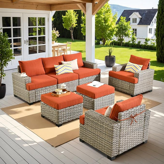 7 Pcs Outdoor Sectional Patio Furniture Set with Ottomans - All Weather Wicker Modular L Shaped Outside Sectional Couch,Patio Seating Outdoor Conversation Sets for Deck Yard Garden,Orange Red
