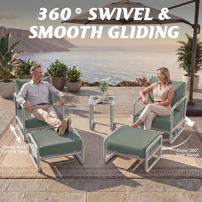 5-Pieces Round Aluminum Patio Furniture Set, Outdoor Swivel Rocking Chairs with 6.5" Thick Cushions & 2 Ottomans, All-Weather Rust-Resistant Frame Conversation Set for Porch, Garden, Backyard, White