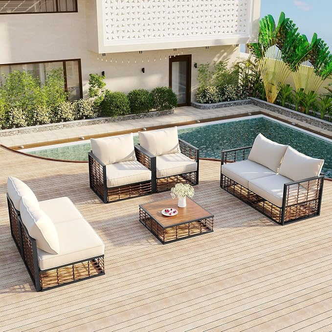 7-Piece Metal Patio Sectional Sofa Set, Free Combination Sofa Set with Coffee Table, All-Weather Garden Conversational Furniture Set with Thick Cushions and 8 Pillows (Dark Gray Frame+Beige Cushion)