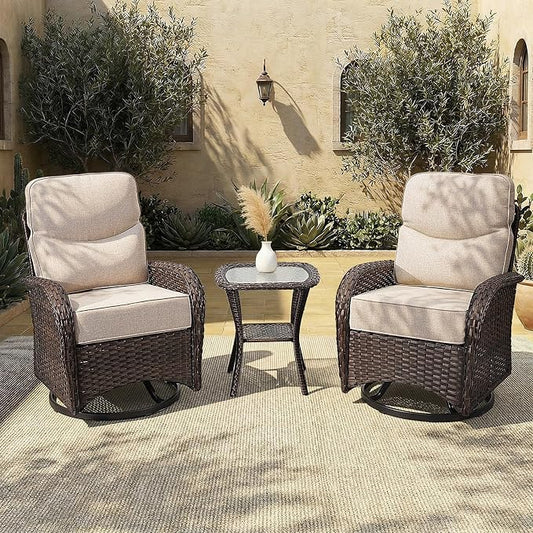 Patio Furniture Set with Luxury 6" Cushions, 3 Pieces Swivel Rocking Patio High Back Chairs, Outdoor Wicker Bistro Conversation Set for Balcony, Porch, Backyard, Poolside, Beige