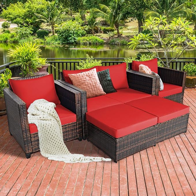 Tangkula 5 Pieces Patio Wicker Furniture Set, Outdoor Rattan Sofa Set with Loveseat, 2 Single Sofas, 2 Ottomans & Removable Cushions, Sectional Daybed Sofa Set for Yard, Garden, Poolside, Red