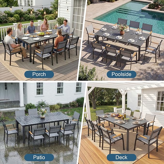RoyalCraft Aluminum Outdoor Patio Table and Chairs Set with 121" L -81" L Expandable Dining Table, 9-Pieces Patio Furniture Set for 8, Outdoor Dining Set with Stackable Quick Drying Chairs, Grey