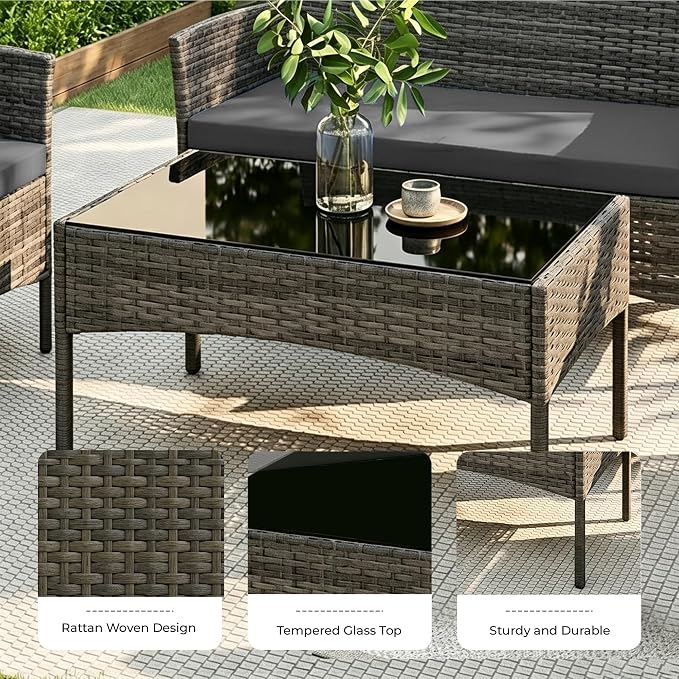 4 Pieces Outdoor Patio Furniture Set, Wicker Patio Conversation Set with Tea Table, All-Weather Outside Rattan Sectional Sofa for Backyard, Poolside, Garden, Balcony, Gray/Dark Gray