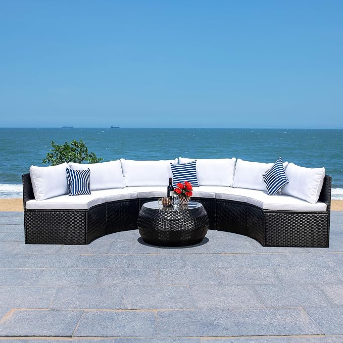 SAFAVIEH Outdoor - Jesvita 4-Piece Conversation Set - Black & White - Faux Wicker & Steel Frame - Demilune Sectional with Accent Table - Ideal for Patio, Deck, Porch, Backyard (PAT7701A)