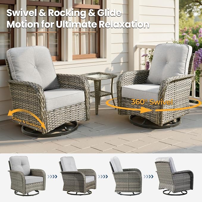 Weaxty Wicker Patio Furniture Set with Swivel Rocker Chairs Outdoor Loveseat Sofa and Rattan Coffee Table, 5 Pieces Outdoor Conversation Sets for Patio Porch Deck Backyard Poolside, Light Gray