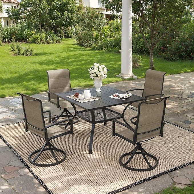VICLLAX 5 Pieces Outdoor Dining Set, Patio Furniture Set Includes 38" Square Metal Table W/ 1.9" Umbrella Hole and 4 Padded Textilene Swivel Chairs for Porch, Lawn, Garden, Backyard