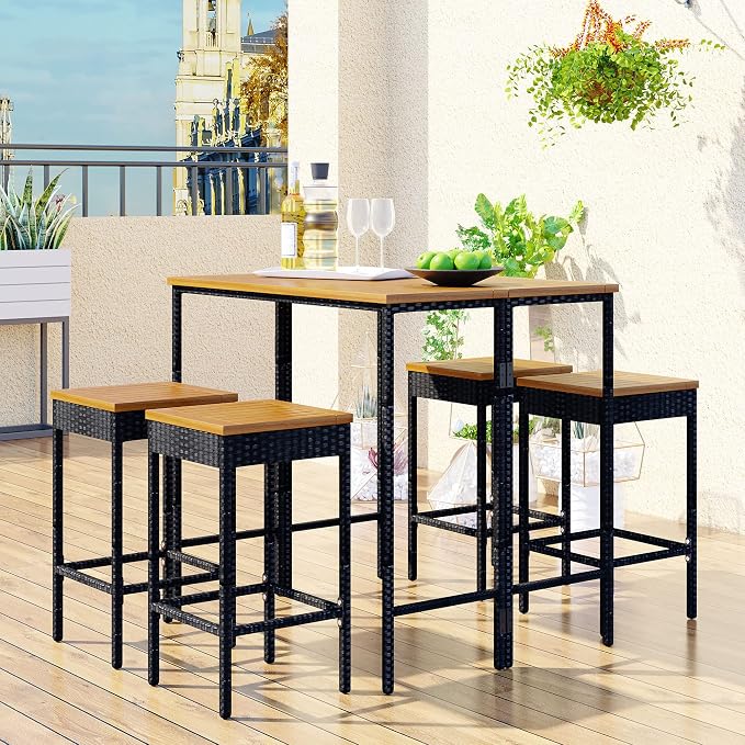 5-Piece Outdoor Patio Wicker Bar Set,PE Rattan Wicker High-Dining Bistro Set with 4 Square Stools and 1 Acacia Wood Table with Foldable Tabletop