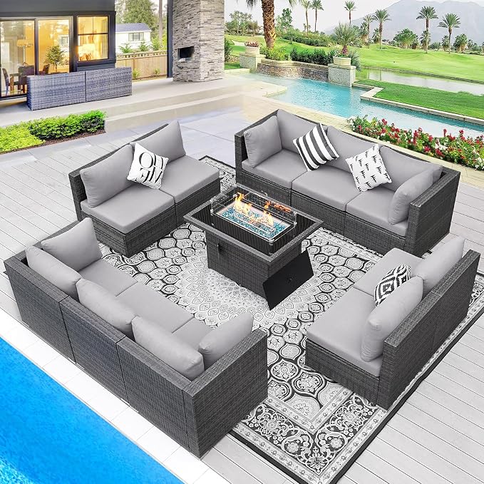 BULEXYARD Large High Back Grey Rattan Patio Furniture Set with Propane/Gas Fire Pit Table, Luxury Deep Wide Seat Outdoor Sectional Sofa, Modern Wicker Modular Conversation Couch (11Pcs-A, Light Grey)