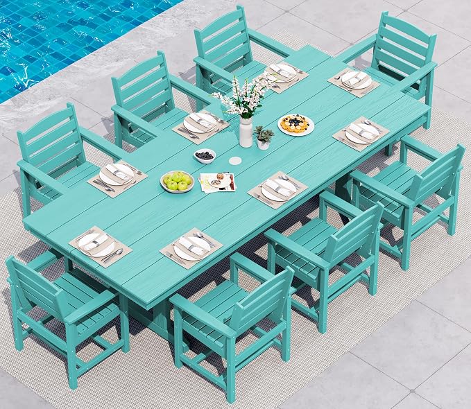 SERWALL 9 Piece 84" HDPE Outdoor Dining Set for 8 with Armchairs, Aruba | All Weather HDPE Material and Pre-drilled Umbrella Hole