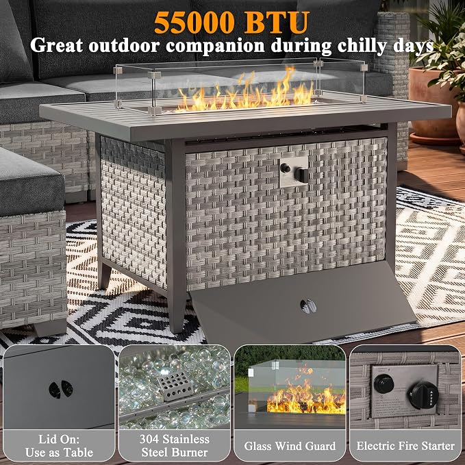 7 Piece Wicker Patio Furniture Set with 55,000 BTU Fire Pit Table, Swivel Rocking Chairs, 4''Cushions, PE Rattan, Wind Guard Glass, for Backyard, Deck or Balcony, Black
