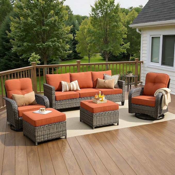 6 Piece Wicker Patio Furniture with Swivel Rocker Chair, Orange | High Back Swivel Rocker Chairs, Outdoor Sofa Ottoman, Heavy Duty, All Weather Rattan Modern Conversation Sets, Deck Backyard