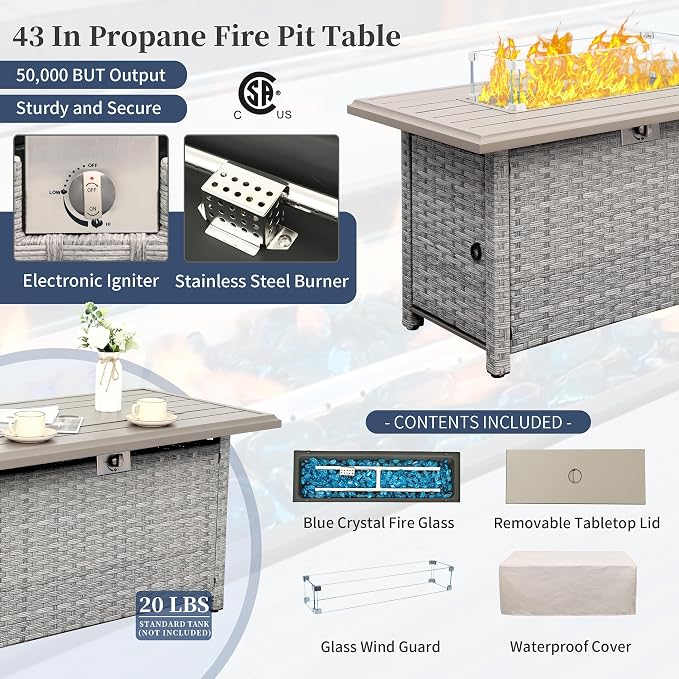 WAROOM Patio Furniture Set 7 Piece Grey Wicker Outdoor Conversation Sets PE Rattan Sectional Sofa with Propane Fire Pit Table and Anti-Slip Navy Blue Cushion