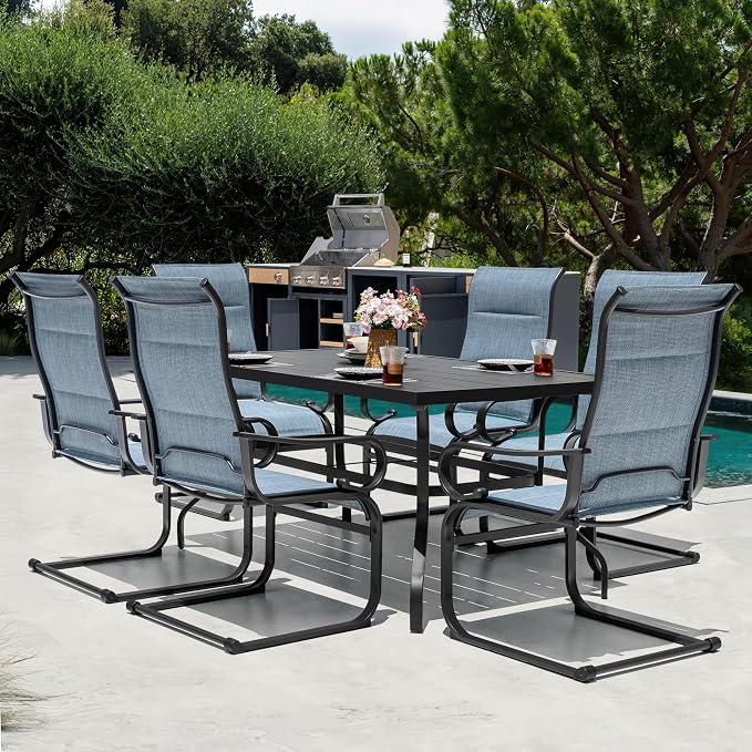 NUU GARDEN 7PCS Patio Dining Set with 1.6 Inch Umbrella Hole Powder-Coated Metal Frame Outdoor Furniture with 6 Padded Textilene C-Spring Chairs and Table for Backyard Garden Poolside Lawn Black Blue
