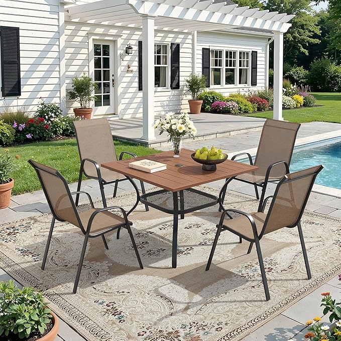 DIFY 5 Piece Outdoor Dining Set, 38" Walnut Square Metal Patio Table and Brown Textilene Stackable Chairs for 4, All Weather Patio Furniture Set with Umbrella Hole for Backyard Garden Deck