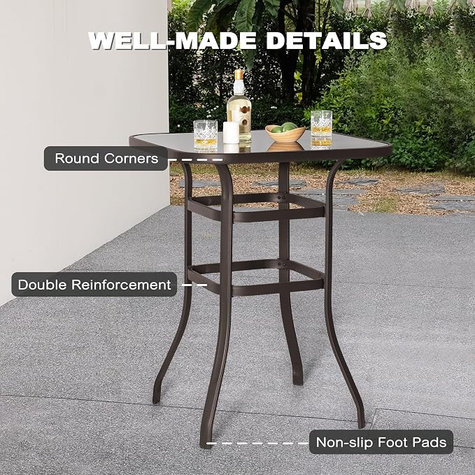 NUU GARDEN Patio Bar Table 32 Inch Outdoor Bar Height Bistro Table with Tempered Glass Table Top and Powder-Coated Iron Frame for Patio, Backyard, Cafes, Black