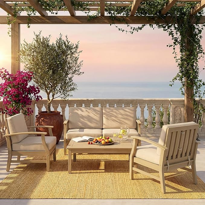 Christopher Knight Home Ace 4-Piece Outdoor Patio Furniture Set, Acacia Wood Patio Conversation Set with Loveseat, Accent Chairs And Coffee Table, 4-Seater Patio Sofa Set With Cushion,Light White+Sand