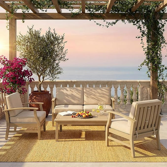Christopher Knight Home Ace 4-Piece Outdoor Patio Furniture Set, Acacia Wood Patio Conversation Set with Loveseat, Accent Chairs And Coffee Table, 4-Seater Patio Sofa Set With Cushion,Light White+Sand