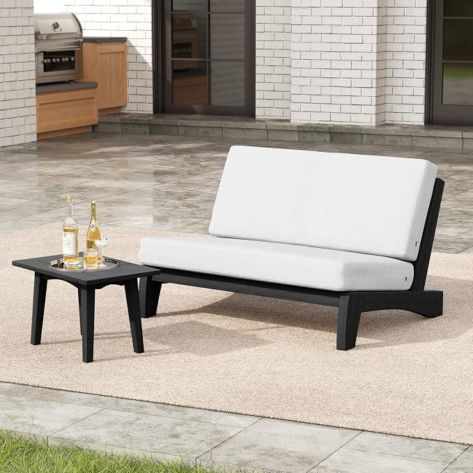 2 Pieces Patio Furniture Sets, All-Weather Outdoor Wood Bistro Set Patio Conversation Side Table Chiars and Patio Loveseat for Balcony, Backyard