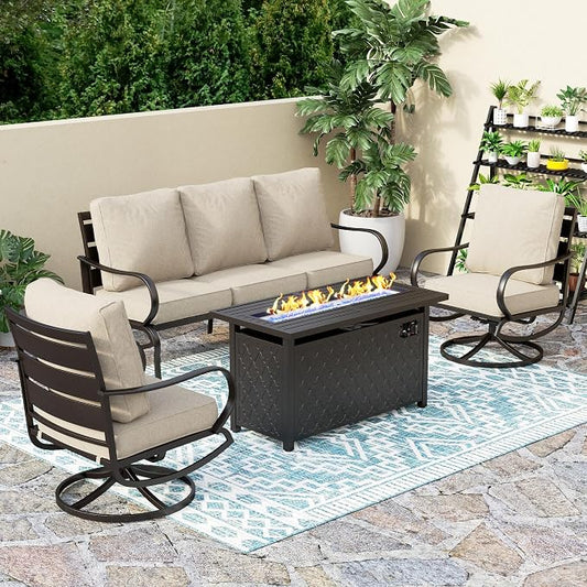 PHI VILLA 4 PCS Patio Furniture with FirePit Table, Outdoor Furniture Set with 1 x 45“ Metal Firepit Table, 1 x 3 Seater Cushioned Deep Seating Bench & 2 x Swivel Sofa Chairs