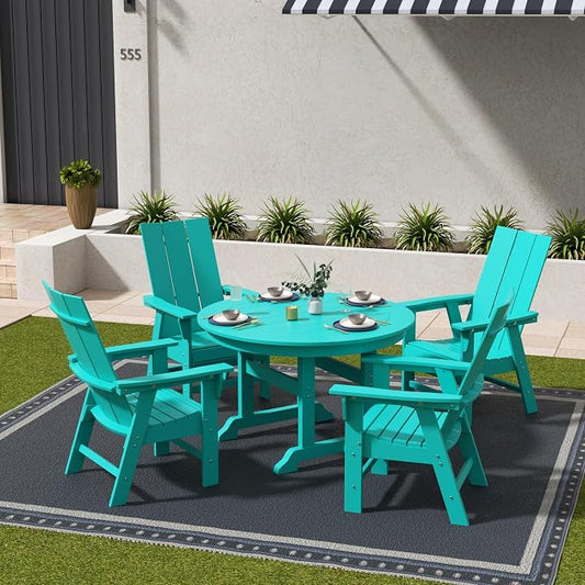 WestinTrends Ashore 5 Pieces Adirondack Outdoor Dining Set, All Weather Poly Lumber Slatted Modern Farmhouse Patio Furniture Set, 47" Trestle Round Table and 4 Adirondack Dining Chair, Turquoise