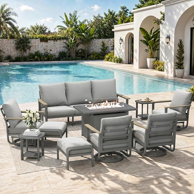 Aluminum Outdoor Patio Furniture Set, 10-Piece Sectional Sofa with 5.1" Thick Cushions, 4 Swivel Rocking Chairs, 55,000 BTU Propane Fire Pit Table, Outdoor Couch for Backyard, Deck, Gray