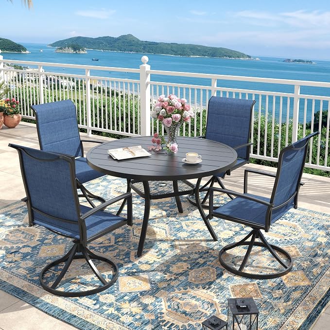 Outdoor Dining Set for 4, 40.6" Outdoor Dining Table with Umbrella Hole and Padded Textilene Patio Swivel Chairs, 5 Pieces Patio Table and Chairs Set for Garden Backyard, Dark Blue and Black