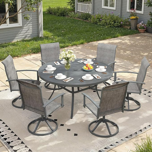 7 Pieces Round Patio Dining Set, Outdoor Furniture of 50" Round Patio Table and Patio Swivel Chairs for Backyard Lawn Garden, Dark Grey Table and Grey Chairs