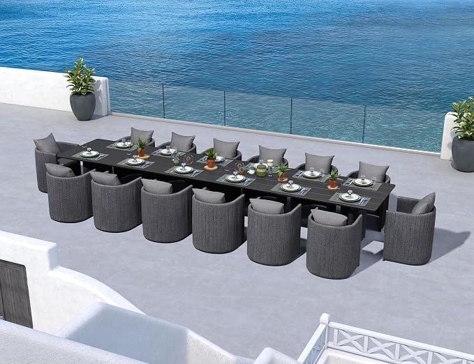 PURPLE LEAF 189-Inch Aluminum Patio Dining Set for Grand Party Hosts, 15-Piece Outdoor Dining Table and Chairs with Sun-Resistant Olefin Cushions for Backyard Dinner Parties and Poolside Hosting Grey