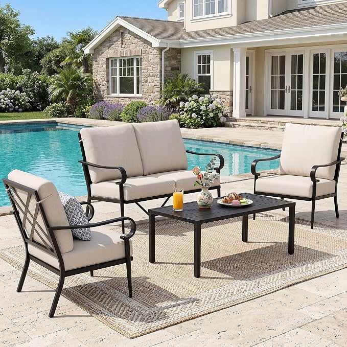 NATURAL EXPRESSIONS 4 Piece Patio Furniture Set, Vintage Metal Outdoor Conversation Set with High Back Chairs, 5.5" Thick Cushions for Balcony, Porch