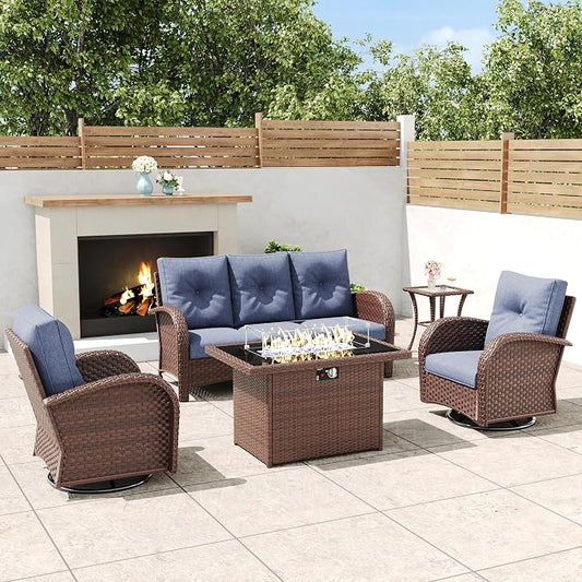 5 Pieces Outdoor Wicker Patio Swivel Rocking Chairs, All Weather Wicker Conversation Set with 44" Fire Pit Table