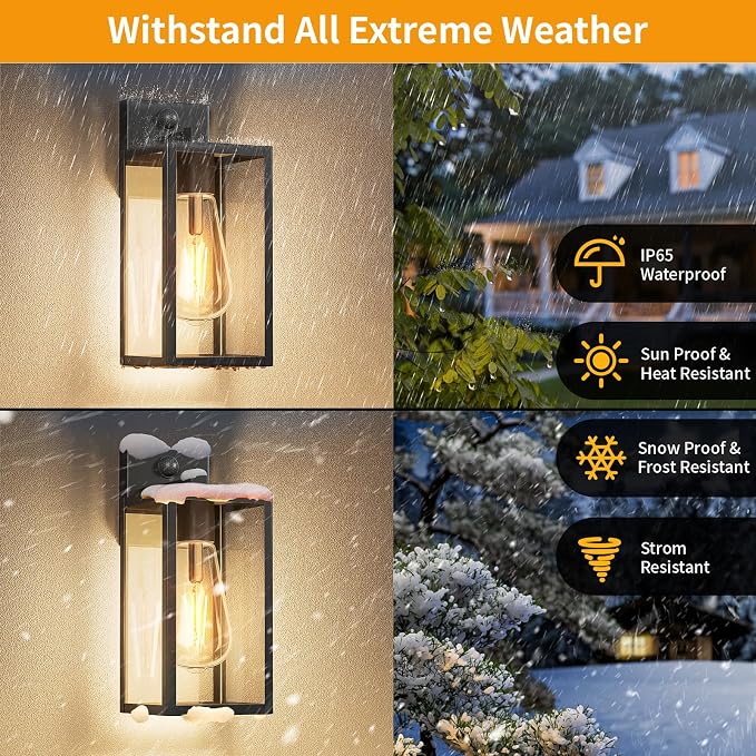 2 Pack 13‘’ Motion Sensor Outdoor Wall Light Fixture, Large Front Porch Lights for House, Exterior Wall Sconce, Black Waterproof Lantern Lamp,Outside Coach Light for Garage Entryway Yard