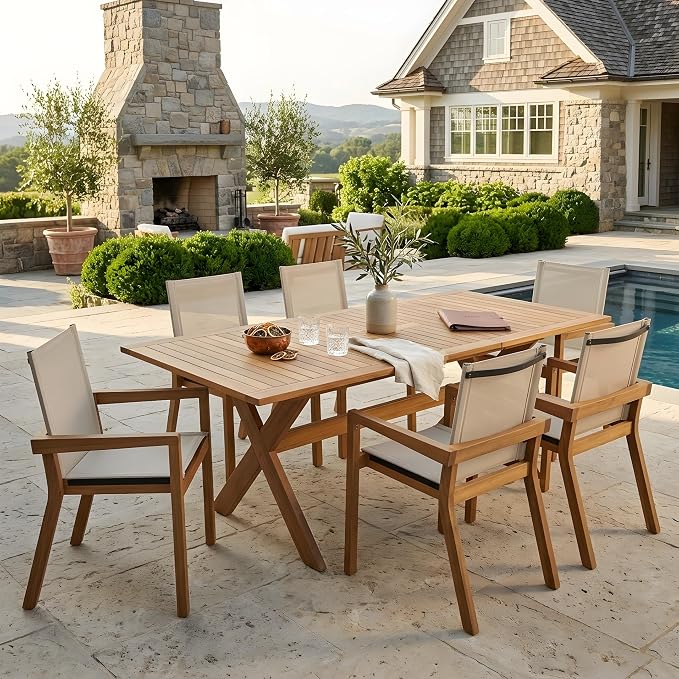 Christopher Knight Home Ronna 7 Piece Acacia Wood Outdoor Dining Table Set for 6, Extendable Dining Table and 6 Patio Chairs with Mesh Back & Seat, Wooden Outdoor Patio Furniture Set, Teak + Beige