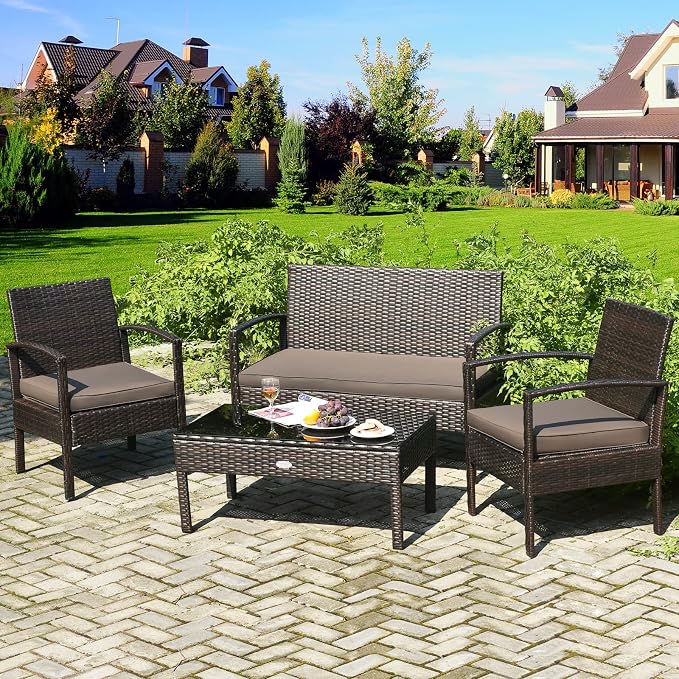 Outdoor Conversation Set 4 Pieces Patio Furniture, Wicker Patio Chair Sofa Set with Water-Resistant Dark-Brown Cushion & Tempered Glass Table for Backyard, Balcony, Porch(Brown)