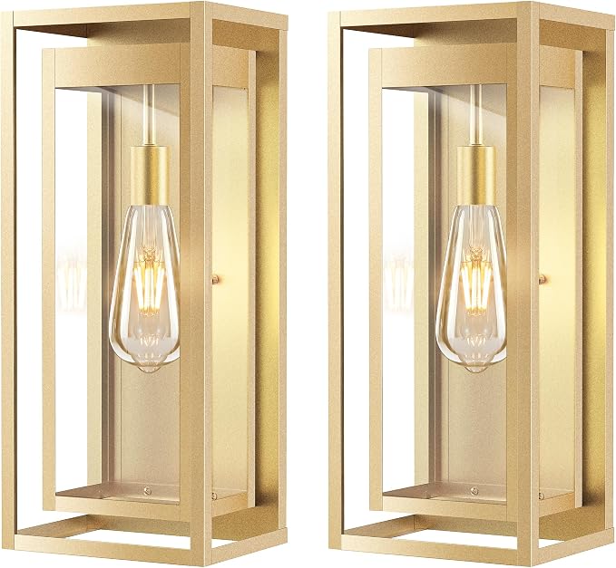 19" Gold Outdoor Light Fixture, 2 Pack Large Size Outdoor Sconce Lights with Clear Glass Shade, Waterproof Porch Lighting Exterior Light Fixture for Front Door, Garage