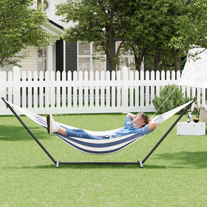 Double Hammock with Steel Stand, 450lbs Capacity Heavy Duty 2 Person Portable Cotton Hammocks for Backyard Patio Garden Camping, Carrying Bag Included, Brazilian Style