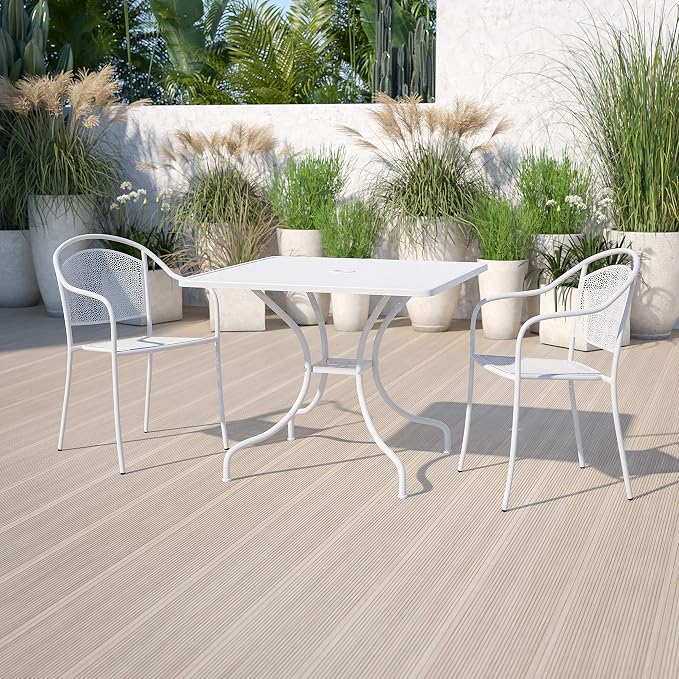 BizChair Commercial Grade 35.5" Square White Indoor-Outdoor Steel Patio Table with Umbrella Hole