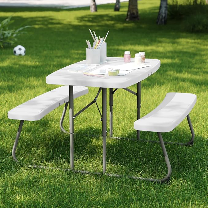 BizChair Easy-Fold Kids Outdoor Picnic Table and Benches - Commercial Grade Folding Plastic Play Table - Recommended for up to Age 5 - White