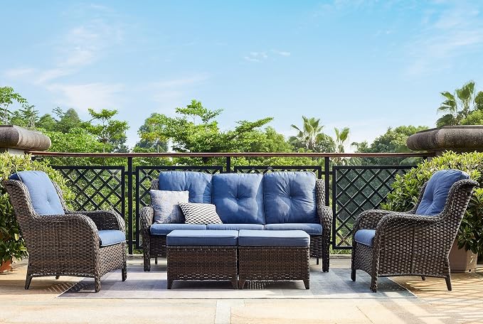 Rilyson Outdoor Furniture Set, 5-Piece Patio Rattan Wicker Sectional Sofa Set with 3-Seat Couch, 2 Armchairs, 2 Ottoman Footrests for Patio Conversation (5 PC,Brown/Blue)