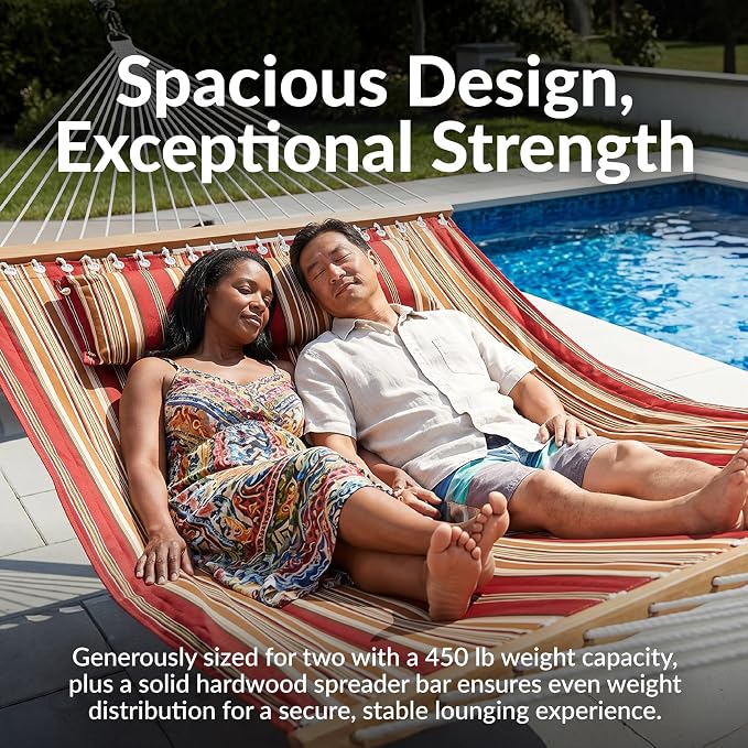 Sunnydaze Quilted Double Hammock for Outside with Spreader Bars and Pillow - 450 lb Capacity, 74x55 Inch Bed, UV Resistant, Quick Dry - Chains Included, Stand Sold Separately - Red Stripe