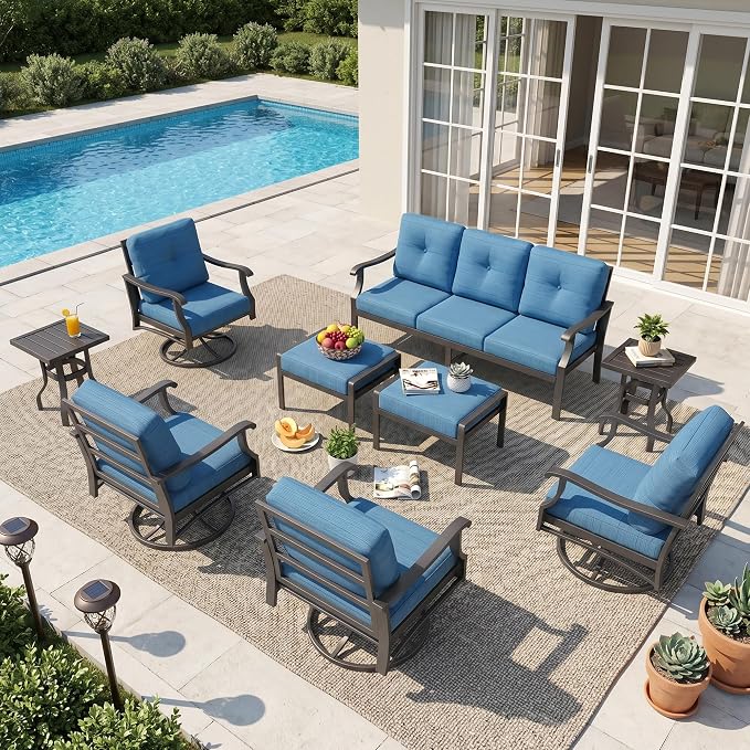 9 Piece Patio Conversation Set, Outdoor Metal Furniture Set w/Rocking Swivel Chairs, 3-Seat Sofa, Ottomans and Coffee Side Table, 5" Thickened Cushions for Backyard, Poolside, Blue