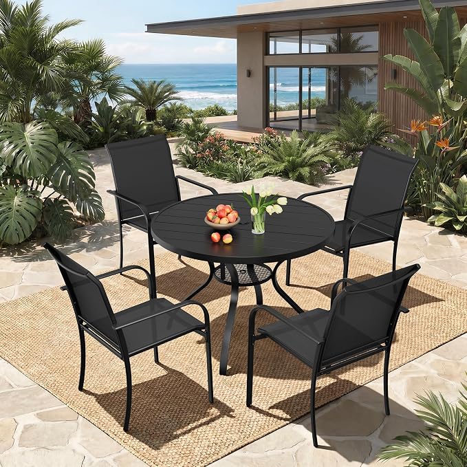 5-Piece Patio Dining Set,4 Person Outdoor Table and Chairs Set, 4 Metal Dining Chairs and Round Outdoor Table with 1.57" Umbrella Hole,Black